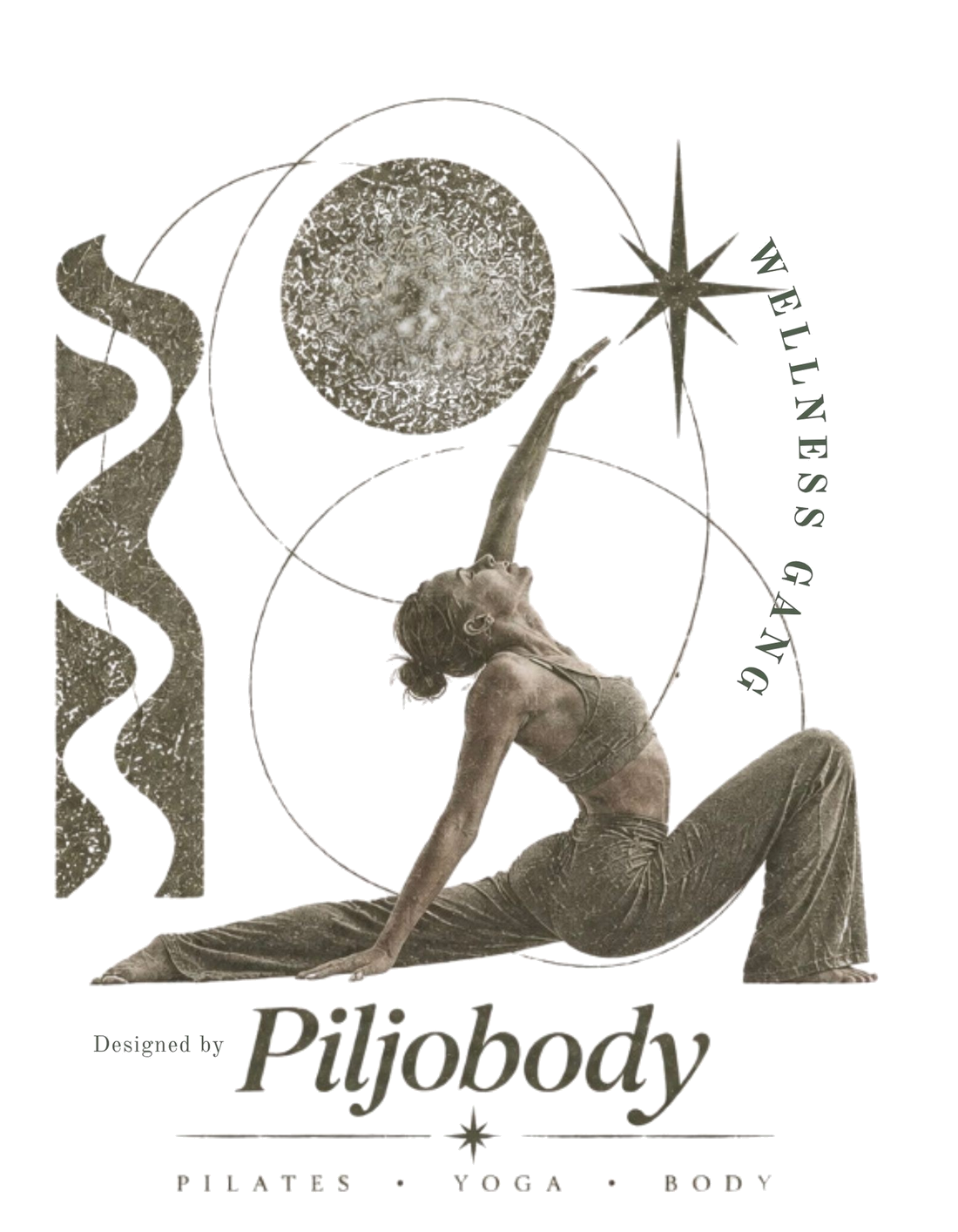Projekt nadruku: joginka pod gwiazdą, obok księżyc i fale, napis Piljobody Pilates Yoga Body